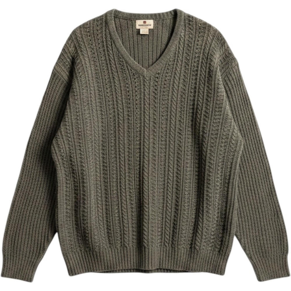 Woolrich Mens 2XL Olive Green V-Neck Cable Knit Ramie Cotton Sweater Relaxed Fit